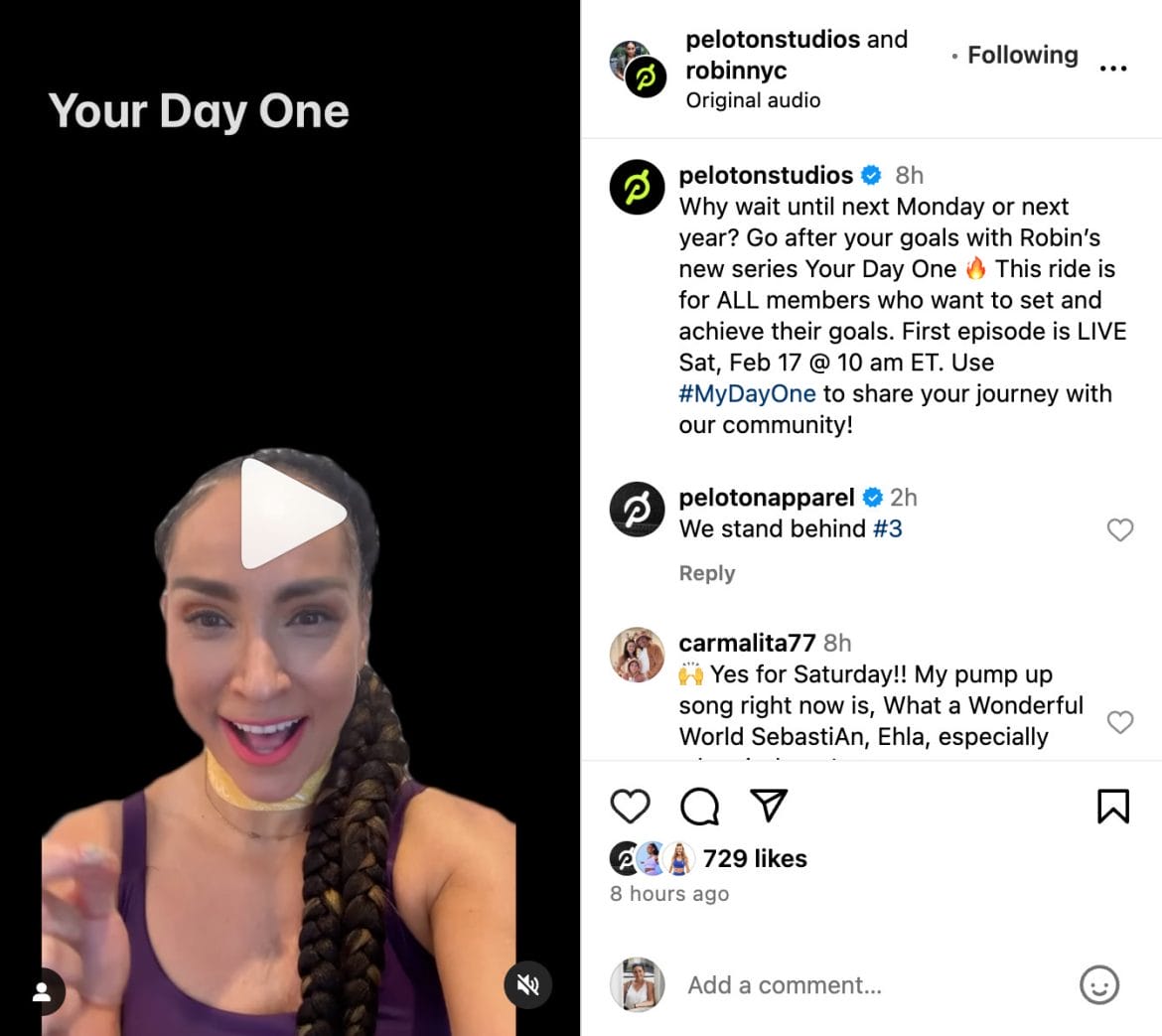 Peloton's Instagram post announcing "Your Day One" series with Robin.